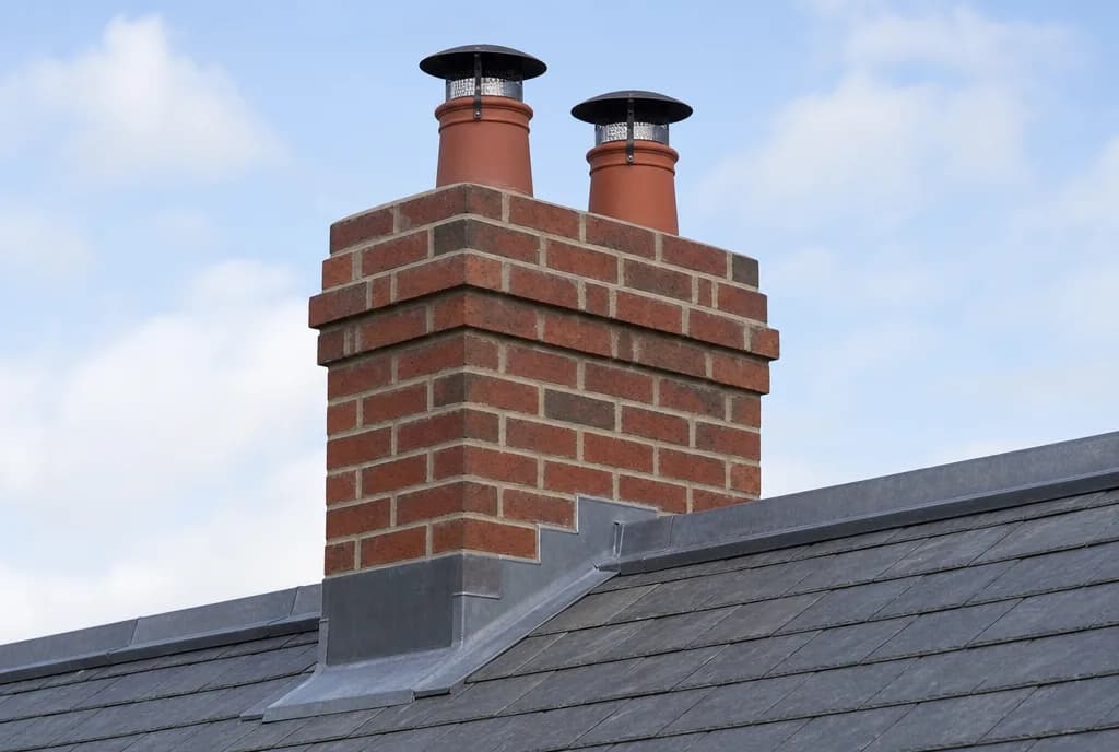 Freshly repointed chimney stack with new lead flashing and cowls