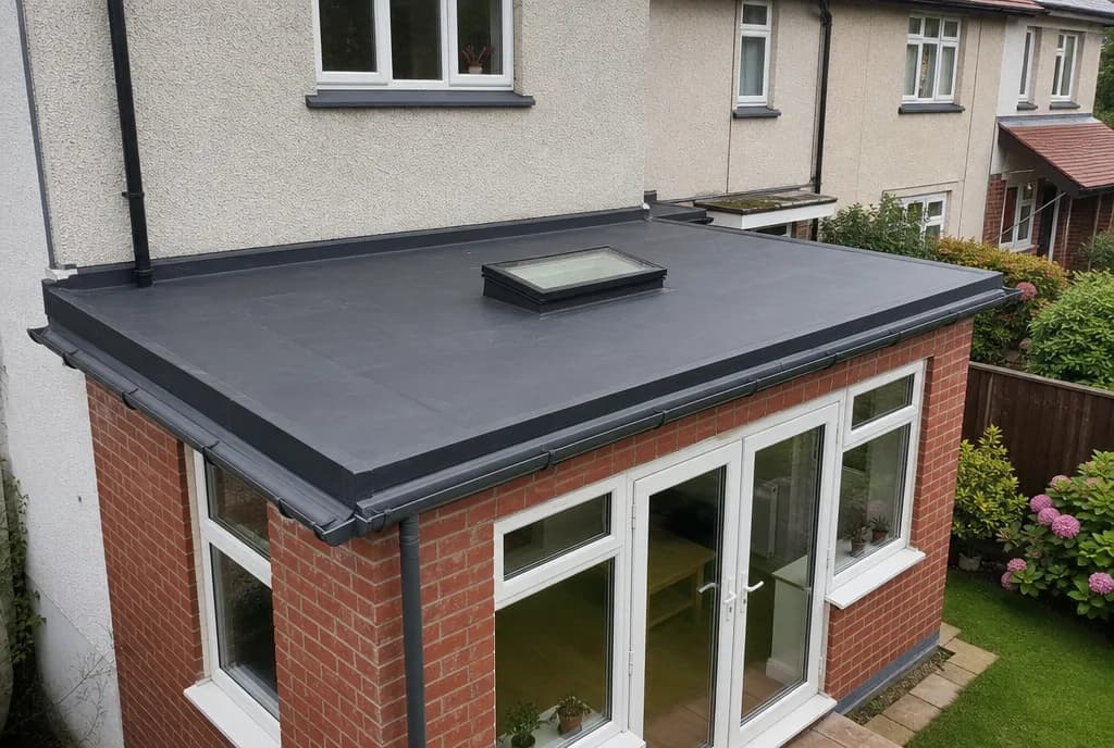 New black EPDM rubber flat roof on a rear extension