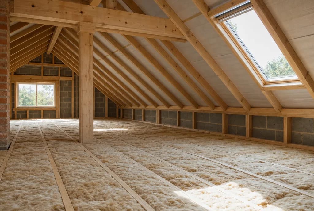 New mineral wool insulation between timber joists in a loft